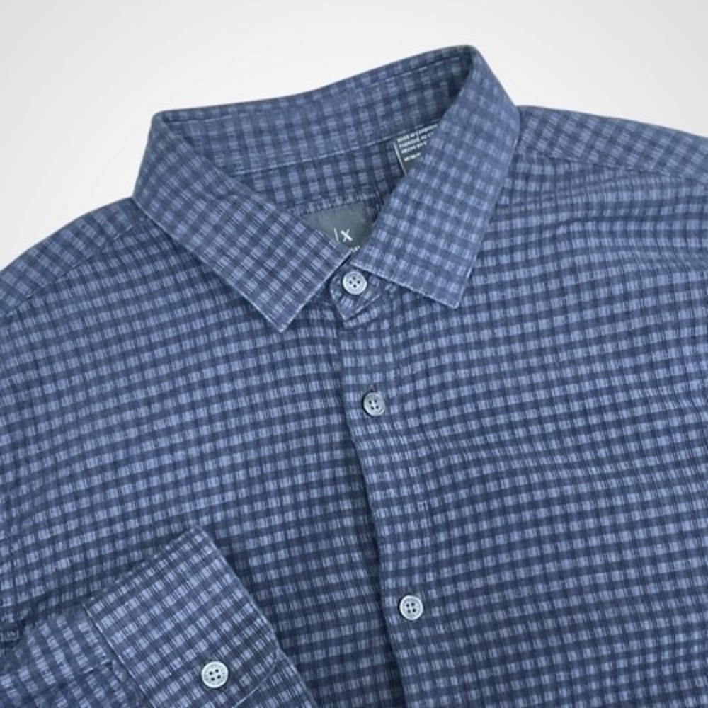 Armani Exchange A/X Regular Navy/Gray Textured Button Up Shirt Men M Cambodia